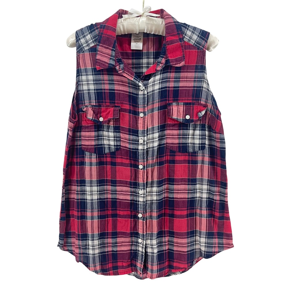 Plaid Sleeveless Shirt Womens L Red Blue Button Down Granola Girl Gorpcore